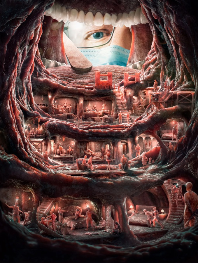 Surreal anatomical world depicting signs of human trafficking