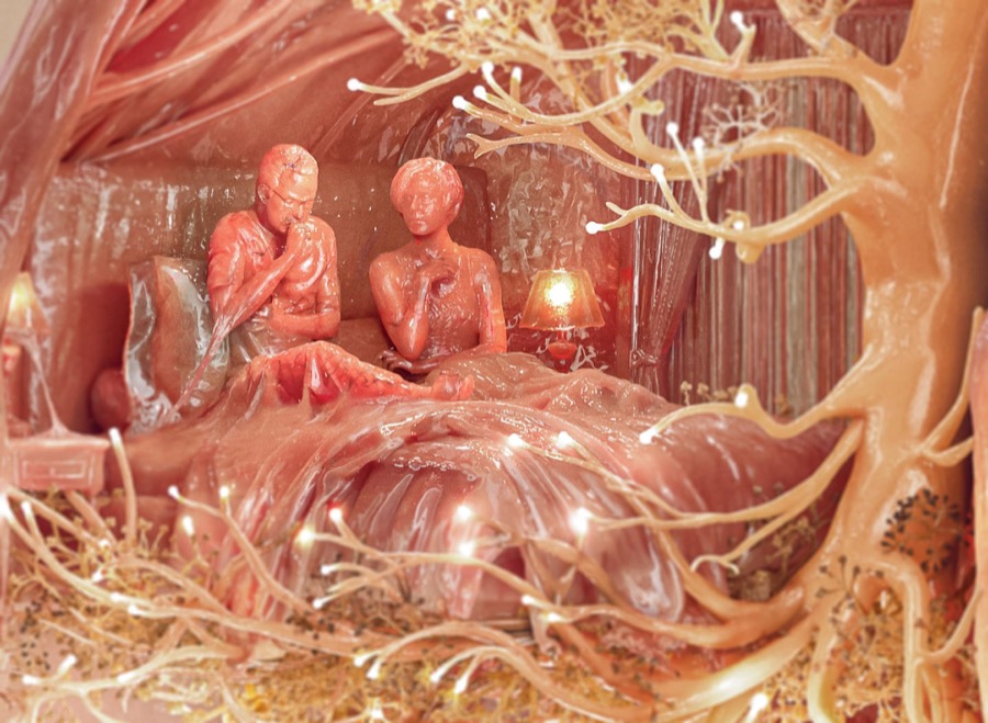 Miniature people inside an anatomical lung environment