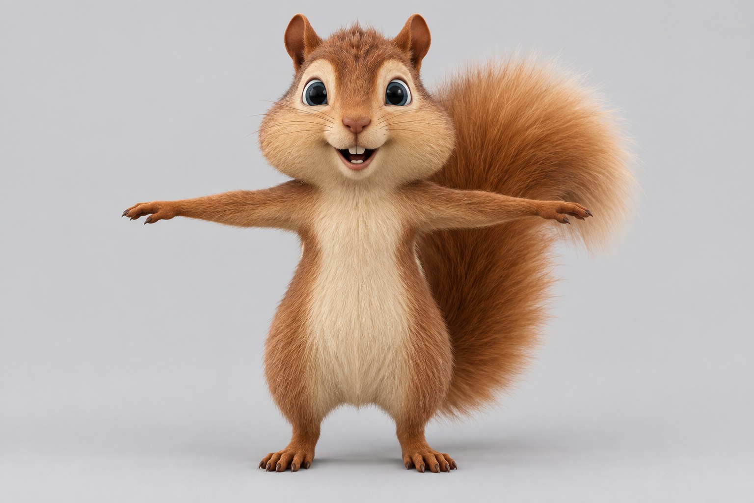 Squirrel character design — front T-pose for rigging reference