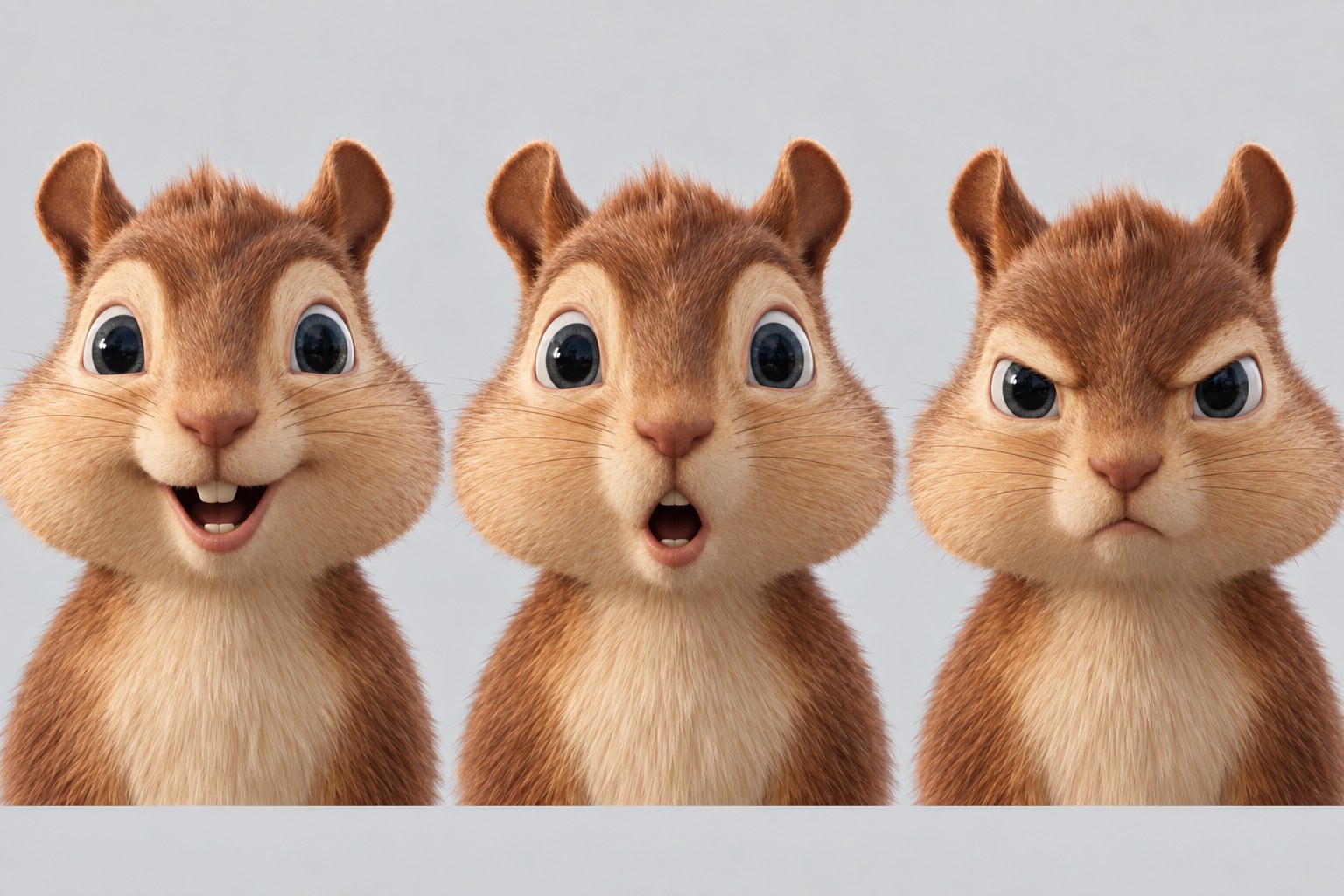 Squirrel expression sheet — happy, surprised and angry