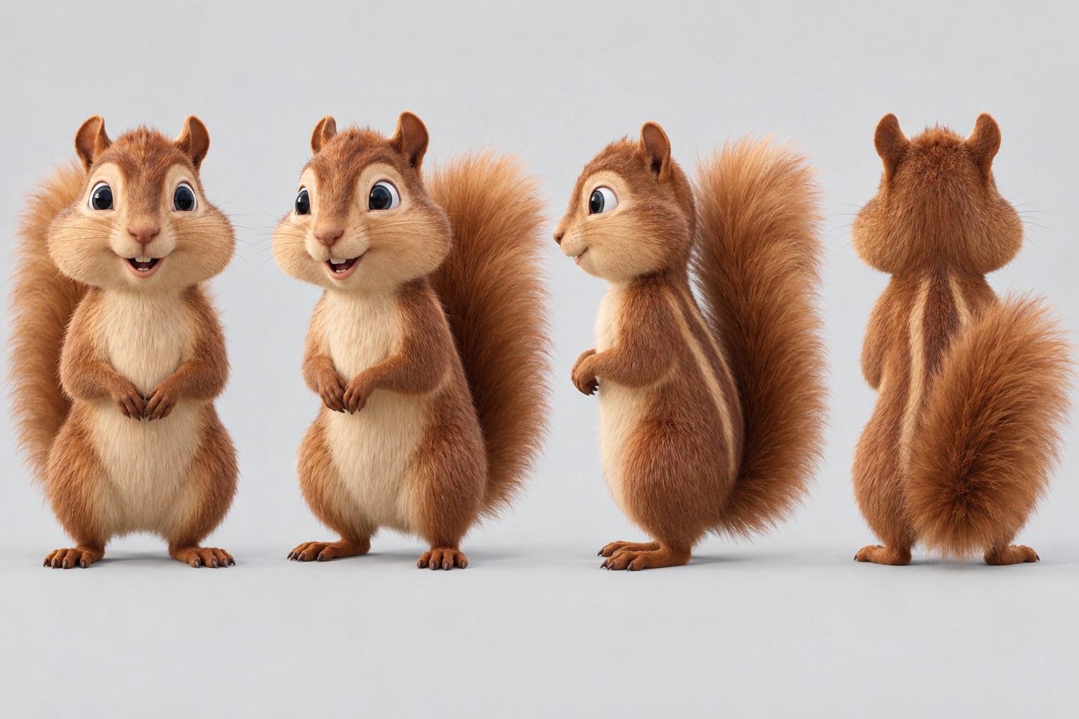 Squirrel character turnaround — front, three-quarter, profile and back