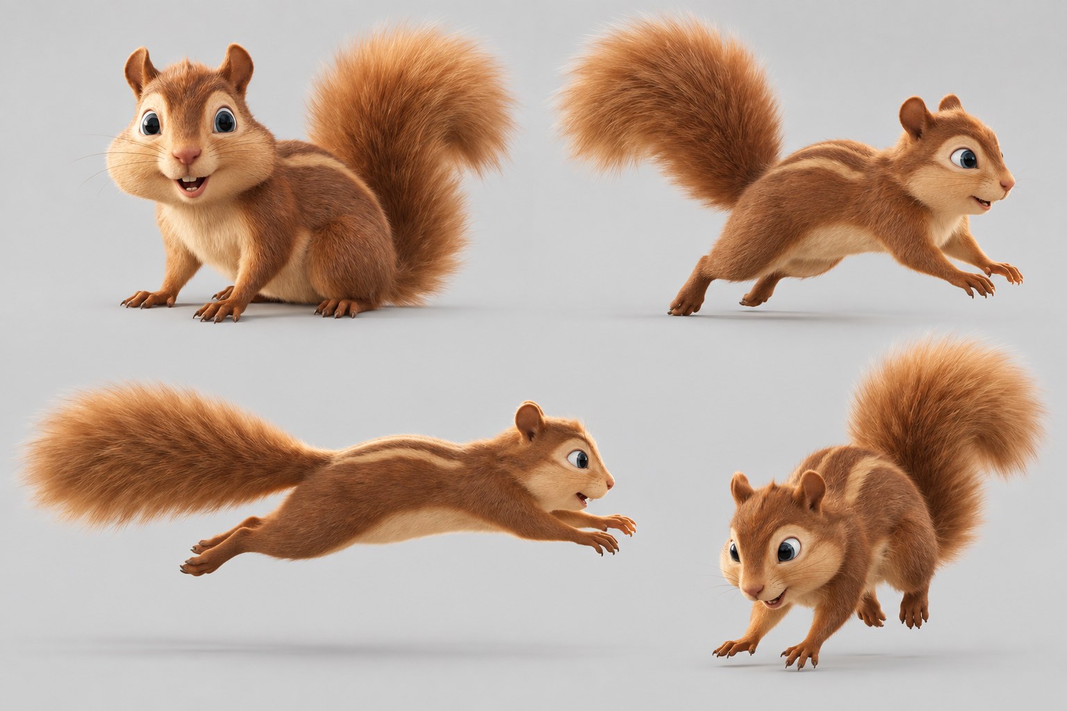 Squirrel jump pose sheet — anticipation, takeoff, airborne leap and landing