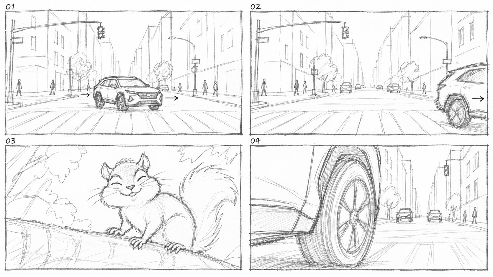 Toyota RAV4 original concept commercial storyboard, panels 1–4