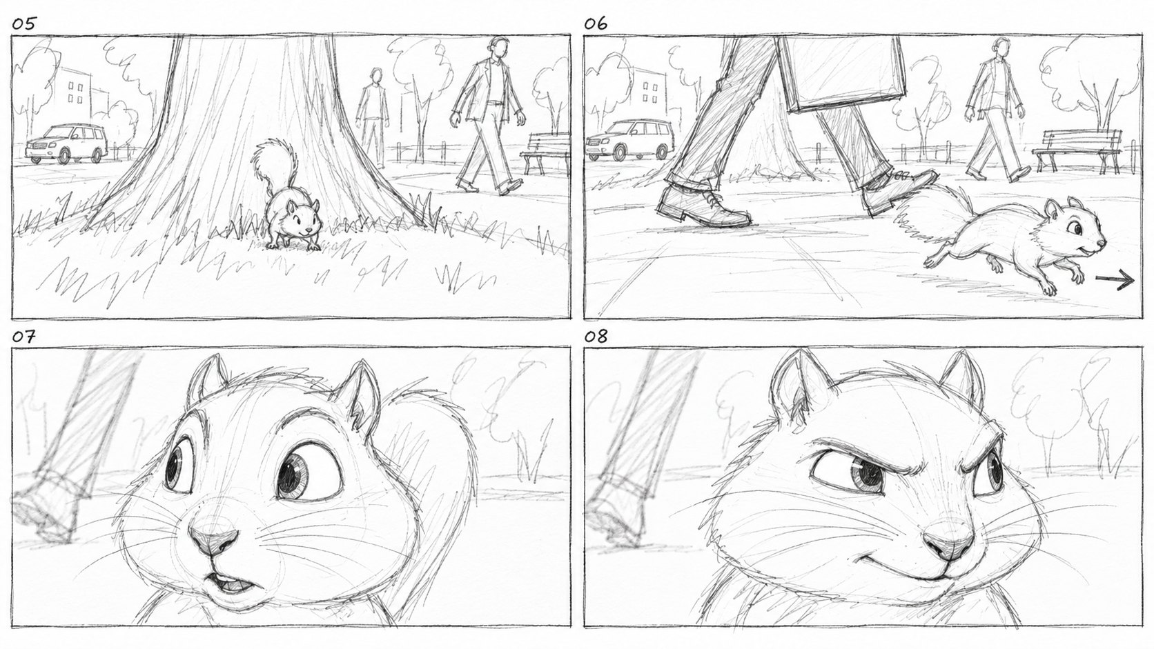 Storyboard panels 5–8: the squirrel starts the chase