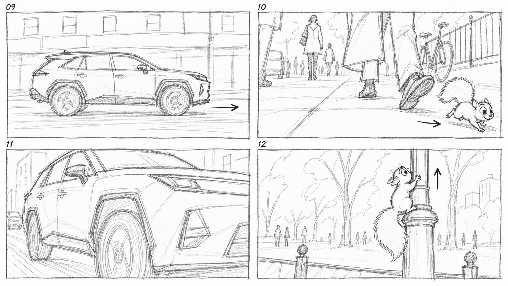 Storyboard panels 9–12: the RAV4 on the avenue and the lamp post climb