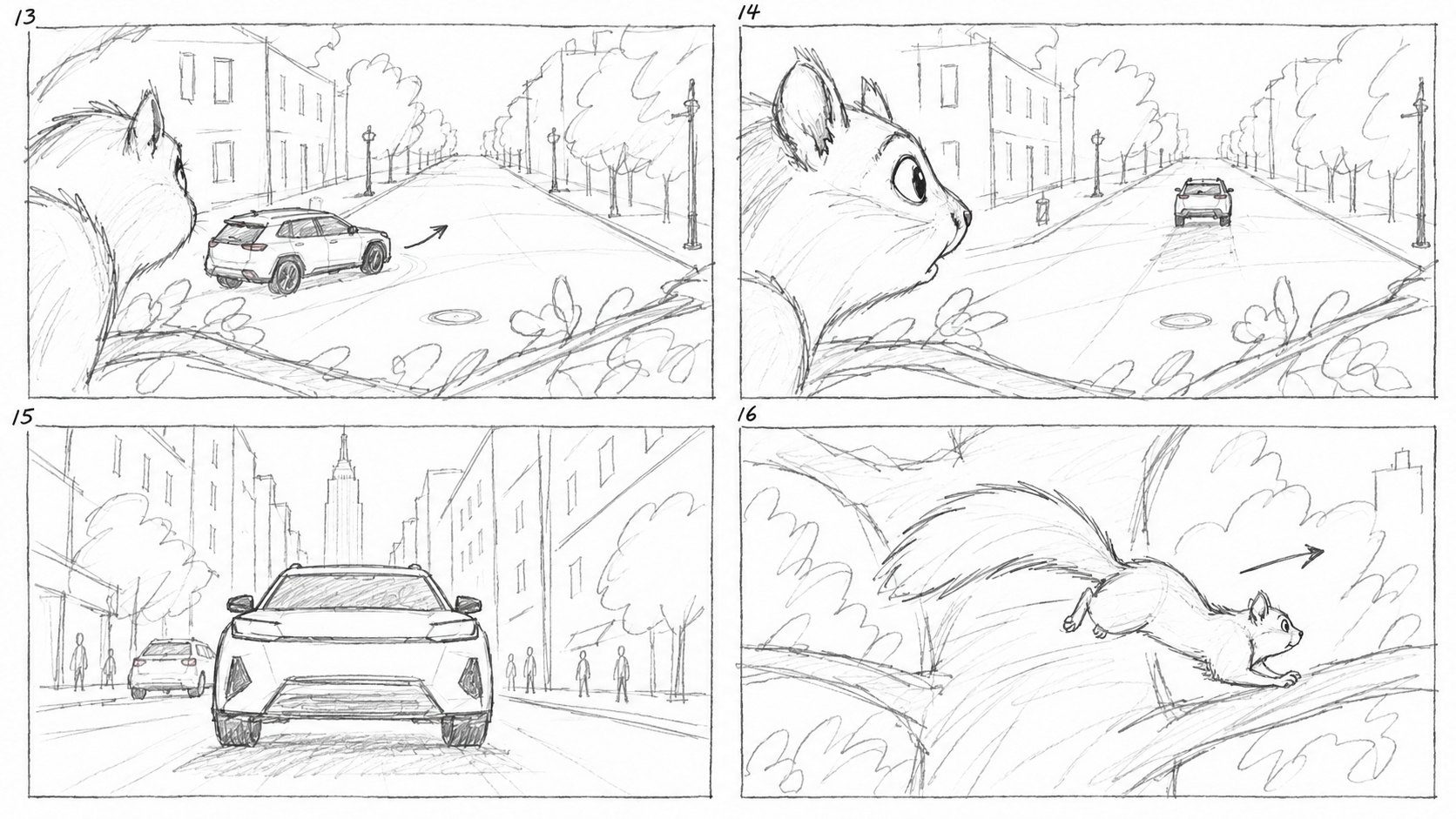 Storyboard panels 13–16: the squirrel follows the car from the trees